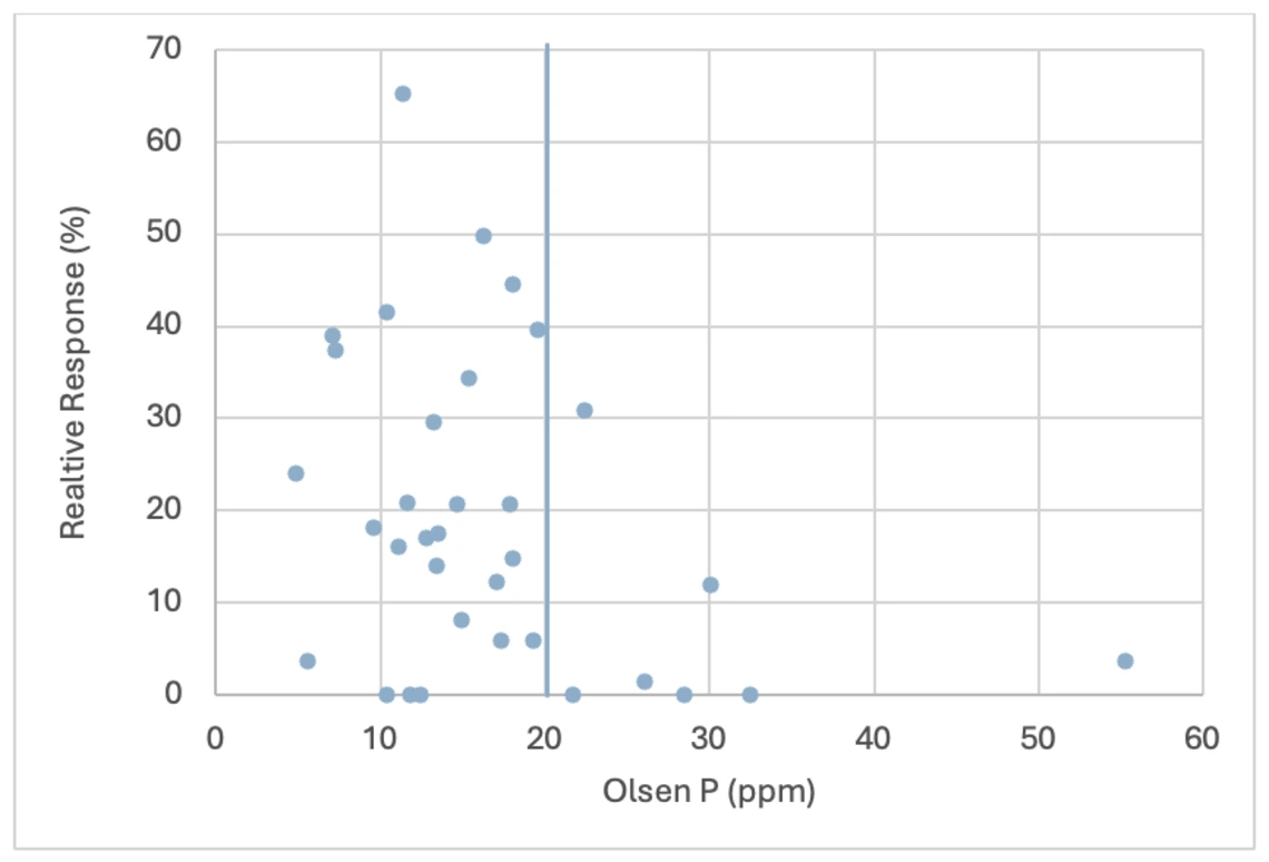Figure 3.10-2. Relationship between soil test P and relative response of potato to P fertilization.  Data collected from multiple field experiments conducted in Central Arizona in 2011 to 2018.