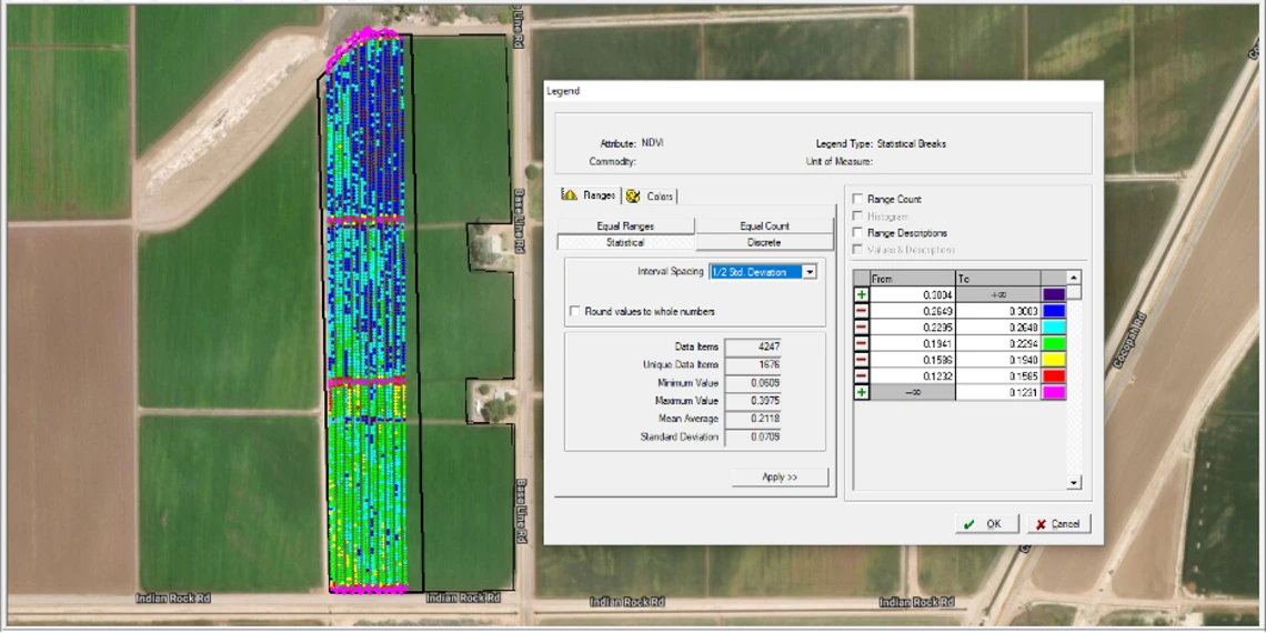 Figure 4-7-5. Spatial distribution of NDVI derived from real time spectral imagery can potentially be used in developing N fertilizer application rate adjustments.