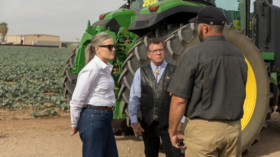 Arizona Governor Katie Hobbs and Arizona Senator Tim Dunn talk about AgTech needs at a Yuma, AZ fieldsite