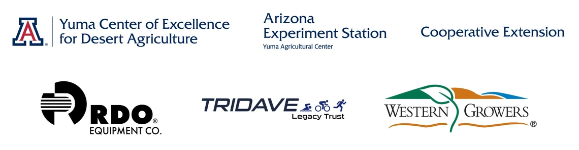 Logos for Yuma Center of Excellence for Desert Agriculture, Arizona Experiment Station, Cooperative Extension and partner groups RDO, TRIDAVE and Western Growers