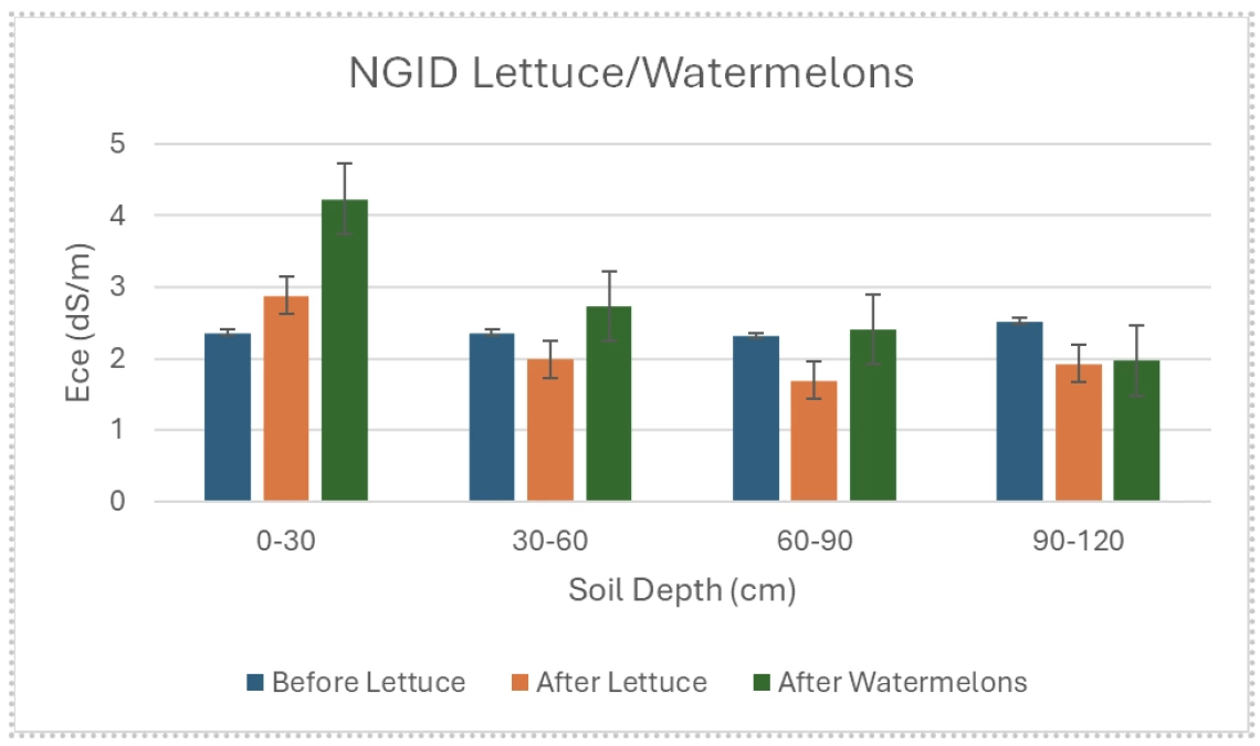 Figure 2. Surface soil salinity increases to both lettuce and watermelon crop grown in rotational sequence.