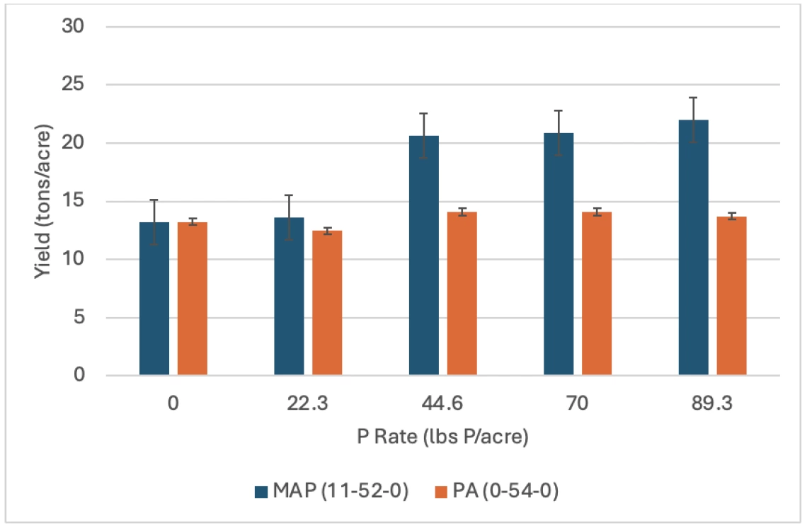 Figure 2-2-7. Response of lettuce to banded monoammonium phosphate (MAP) and banded phosphoric acid (PA) in a field experiment conducted in Yuma during 2016.