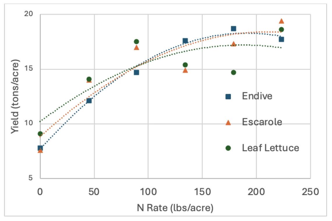 Figure 3.7-2. The yield response of endive and escarole to N fertilizers rates compared to leaf lettuce in a field near Yuma. These data are the means of three cropping seasons.