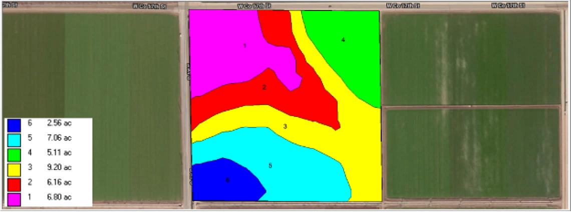 Figure 4-7-2. Management zones for a lettuce field in south Yuma Valley derived from soil conductance survey.