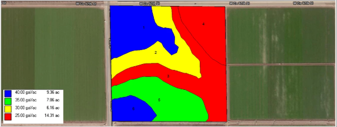 Figure 4-7-3. Map showing variable rate soil nitrate-N application recommendations based  on composite soil samples collected from each N management zone. Note: the  N fertilizer considered in this study is urea ammonium nitrate (UAN-32).