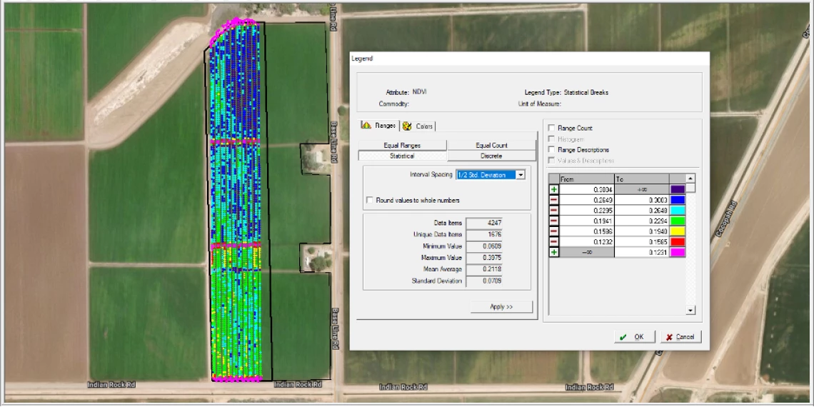 Figure 4-7-5. Spatial distribution of NDVI derived from real time spectral imagery can  potentially be used in developing N fertilizer application rate adjustments.